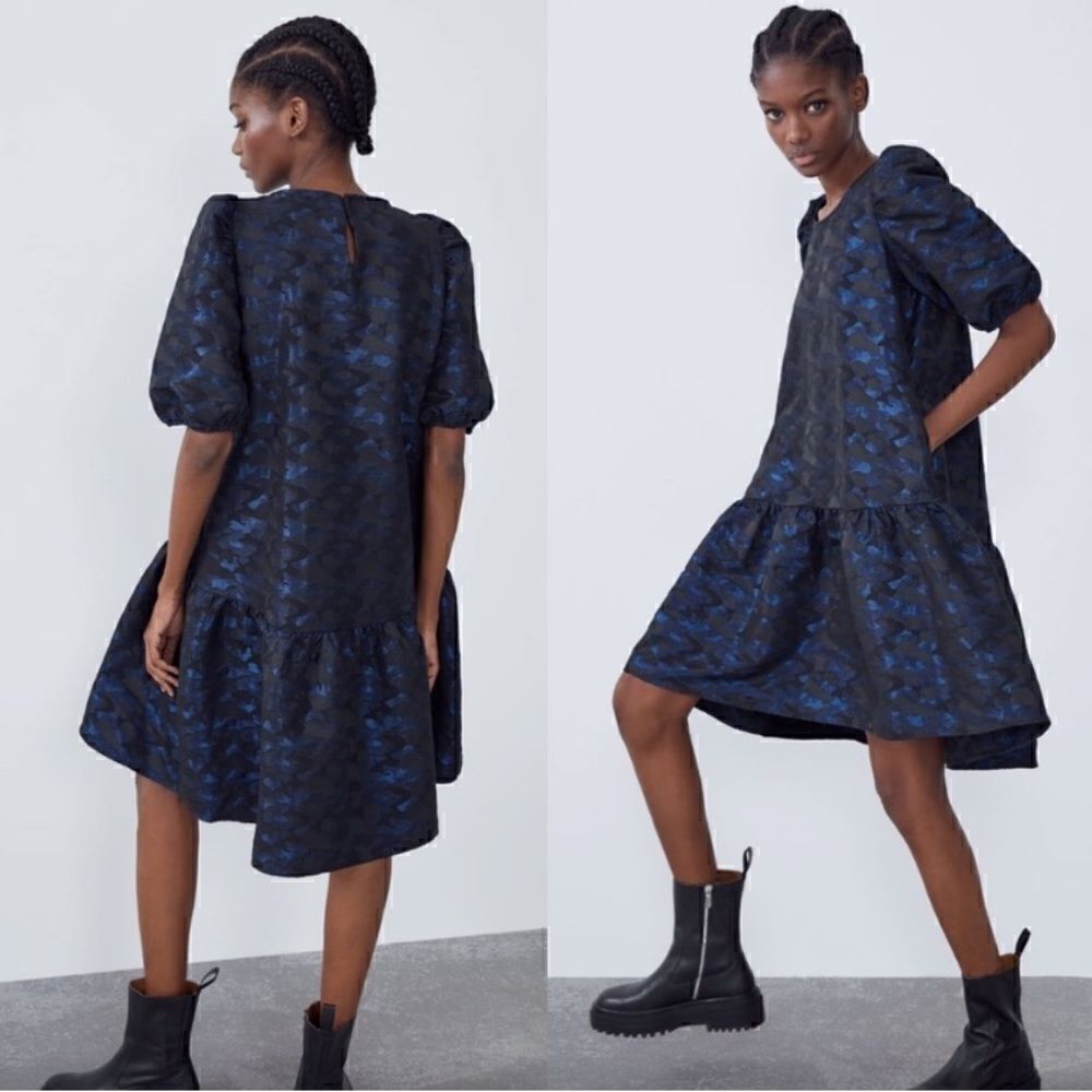 NEW ZARA Jacquard Camo Puff Sleeve Dress